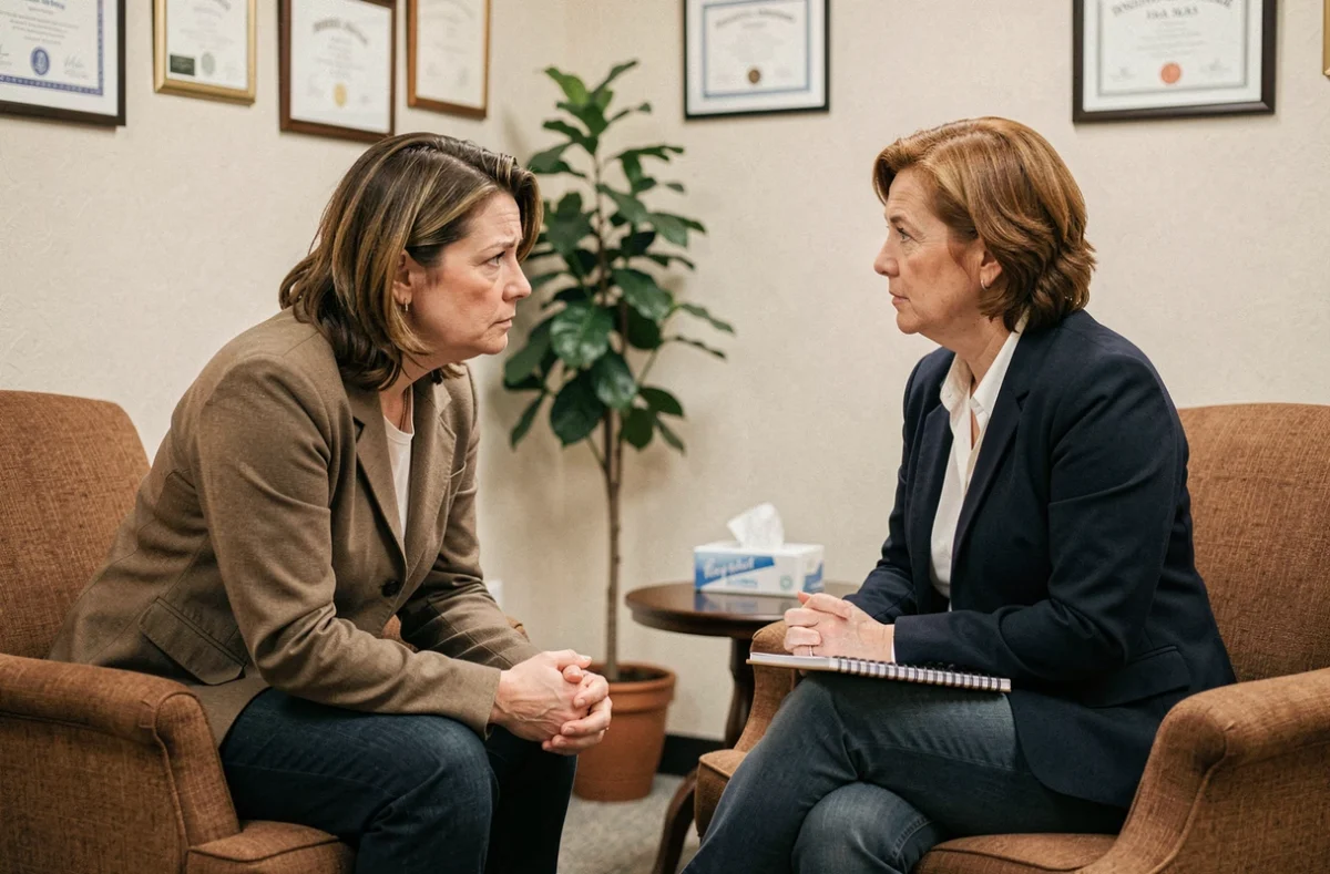 Femme consultant une thérapeute pour gérer le comportement de son conjoint alcoolique, dans un cabinet de consultation
