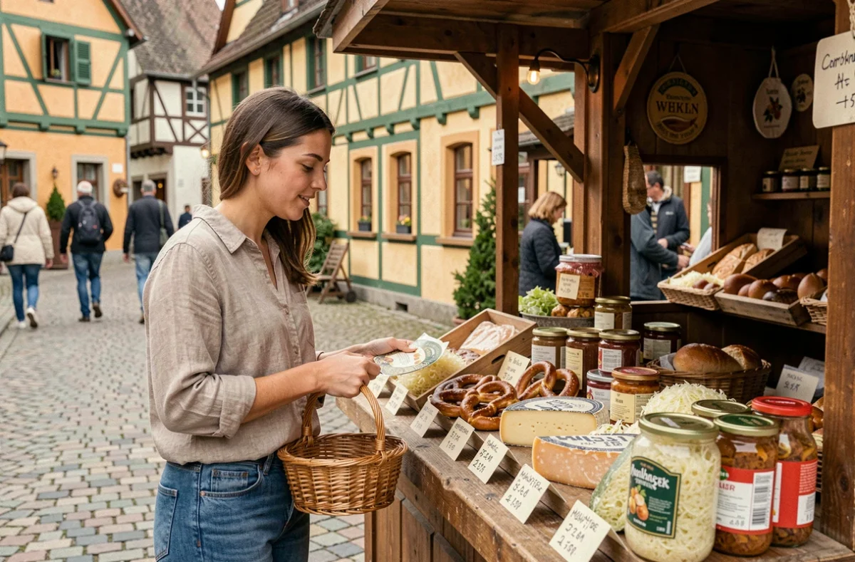 Femme découvrant un stand de produits régionaux alsaciens fromage Munster bretzel et choucroute dans un parc d'attractions