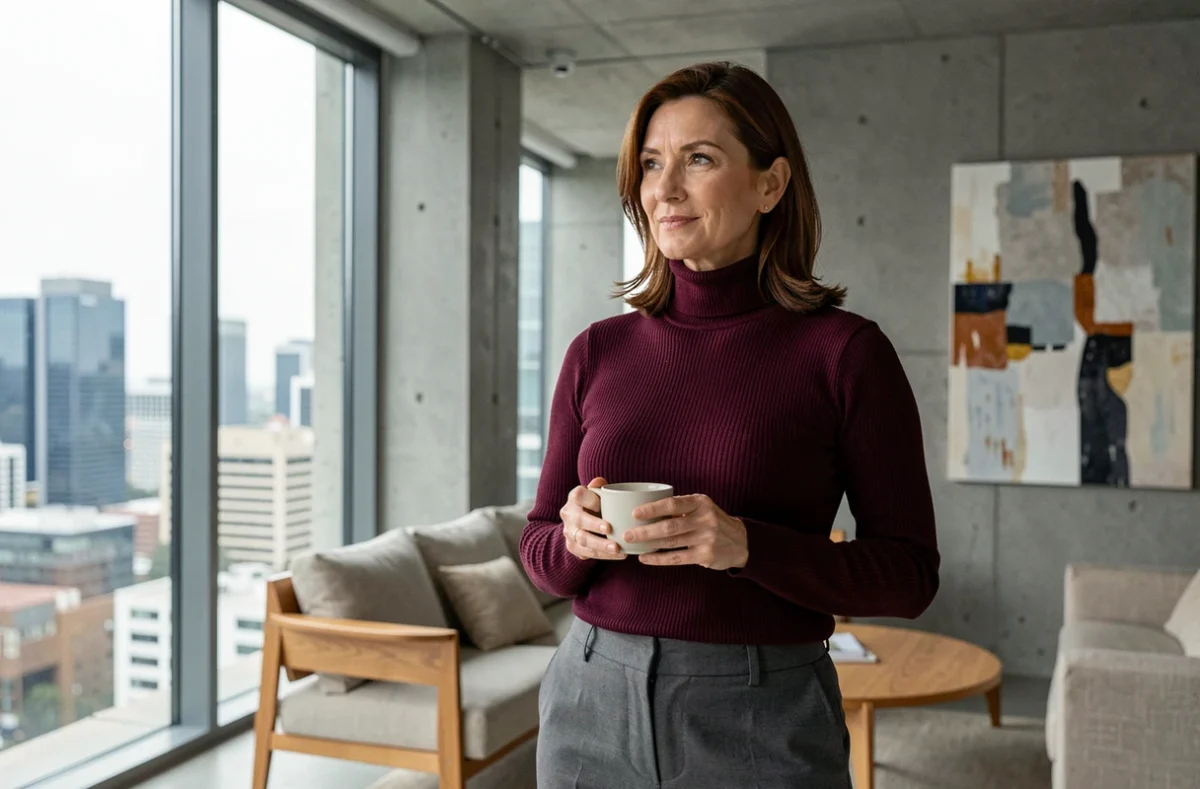 Femme sophistiquée tenant une tasse de café dans un appartement moderne avec vue sur la ville, illustration d'un article sur la vie privée et le mari de Sylvie Adigard