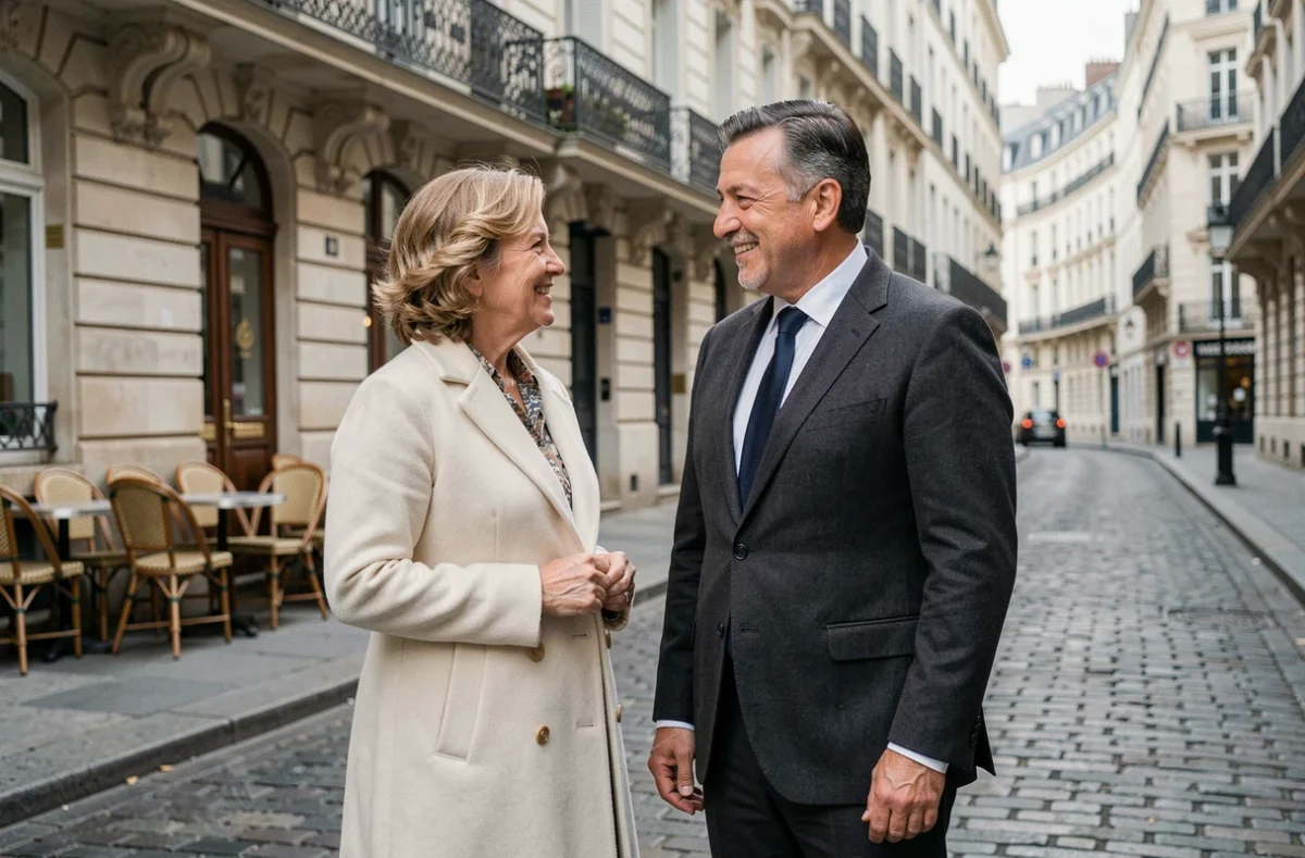Couple élégant se promenant dans une rue parisienne pavée, évoquant la vie de couple et le mari d'une personnalité publique française comme Sylvie Adigard