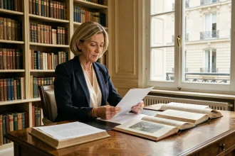 Femme élégante d'âge mûr assise à un bureau parisien entouré de livres, illustrant un article sur la vie personnelle et le mari de Sylvie Adigard