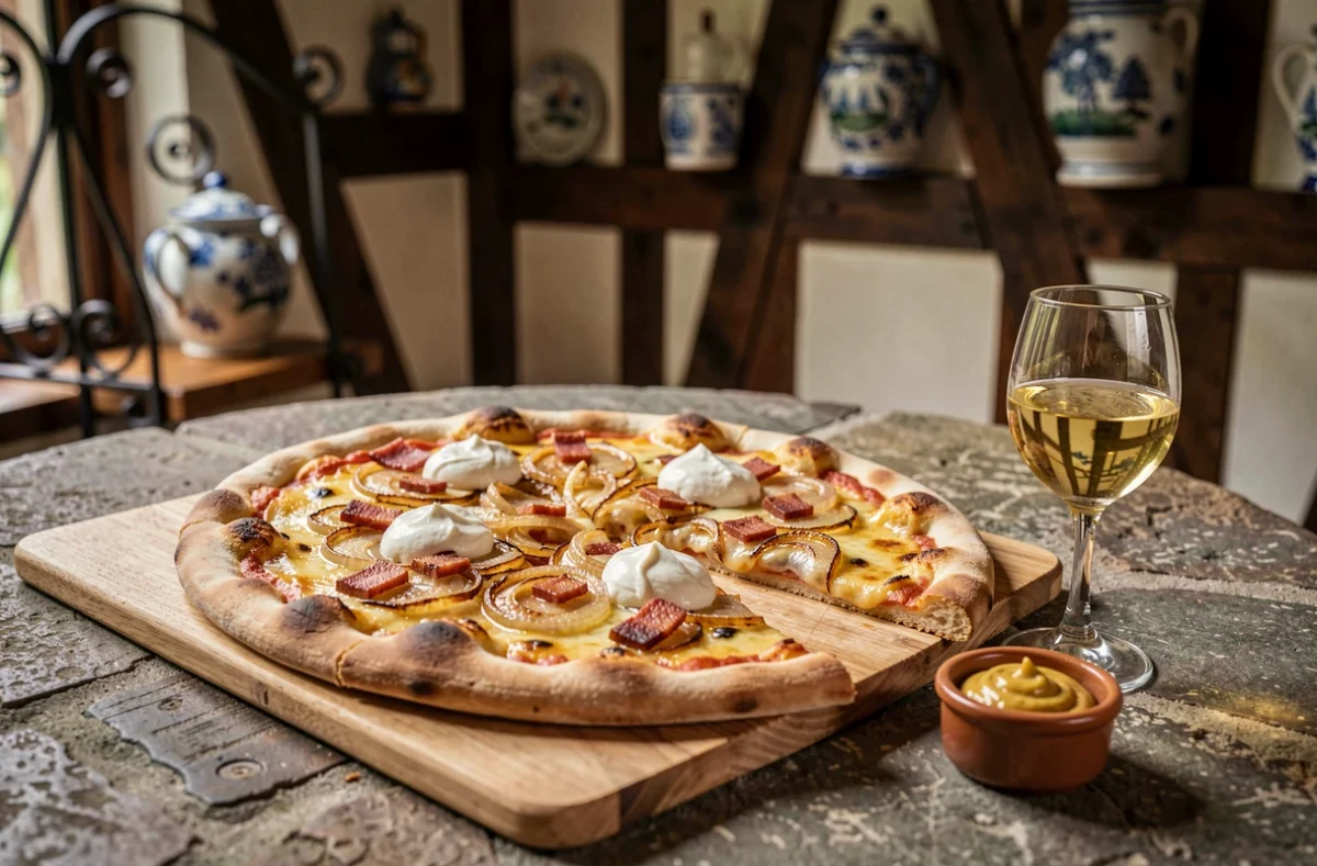 Tarte flambée alsacienne traditionnelle servie sur planche en bois dans un restaurant de parc d'attractions en Alsace