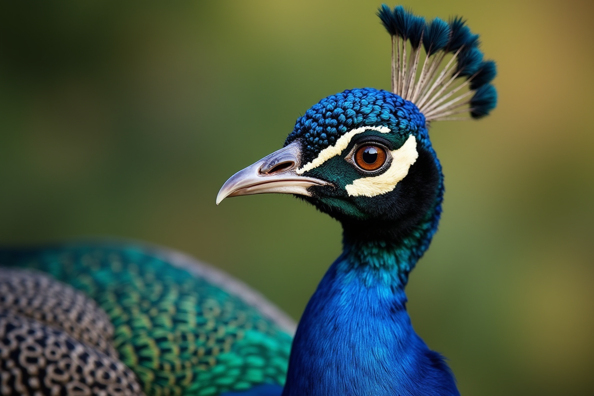 Zoom sur la tête et le cou du paon aux couleurs iridescentes