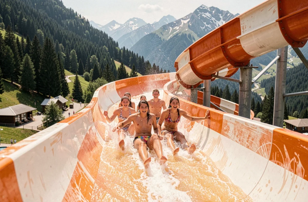 Adolescents sur un toboggan aquatique dans un parc aquatique de la région Auvergne-Rhône-Alpes avec paysage alpin