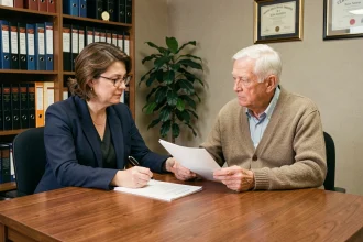 Tutrice professionnelle et personne âgée sous tutelle examinant des documents juridiques dans un bureau de protection juridique