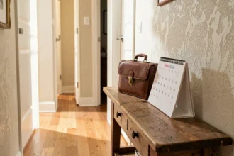 Valise d'enfant posée à côté d'un calendrier sur une table