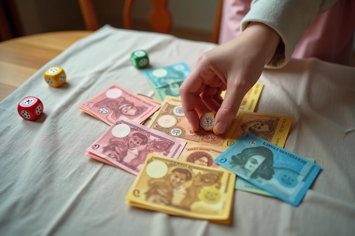Vue aérienne du plateau de jeu Bonne Paye avec billets colorés, dés et pions pendant une partie en famille